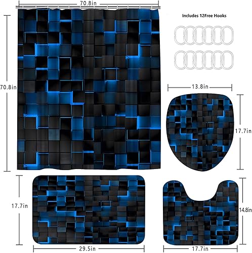 Miniatura 3 de Juego de 4 cortinas de ducha azules con cubos 3D, juego de cortina de ducha moderna para juegos de baño con alfombras, cortina de ducha negra y azul