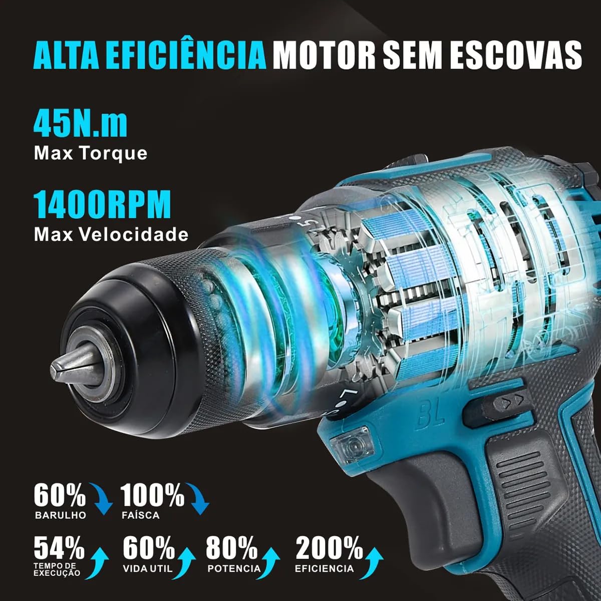 Hanabi Furadeira e Parafusadeira Brushless 21V 2 Bateria 45N.m