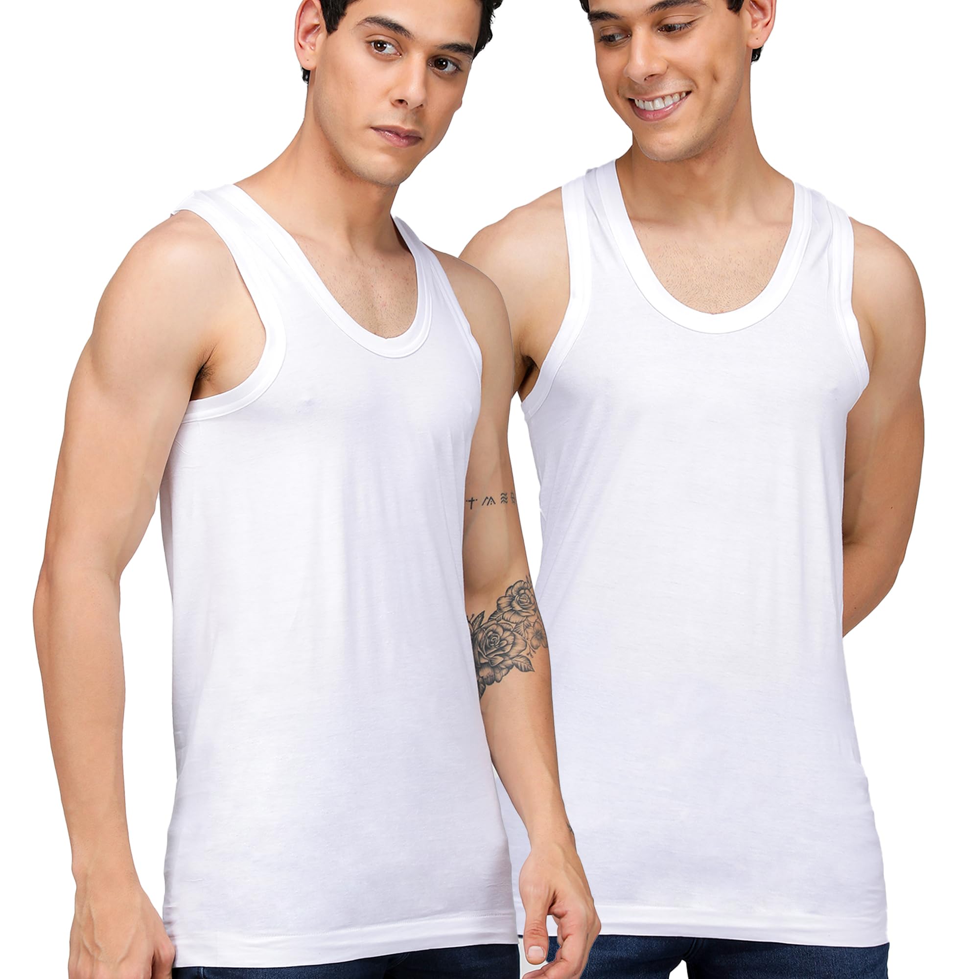 by Macho Men's Pure Cotton Solid Vest White Pack of 2-image-43