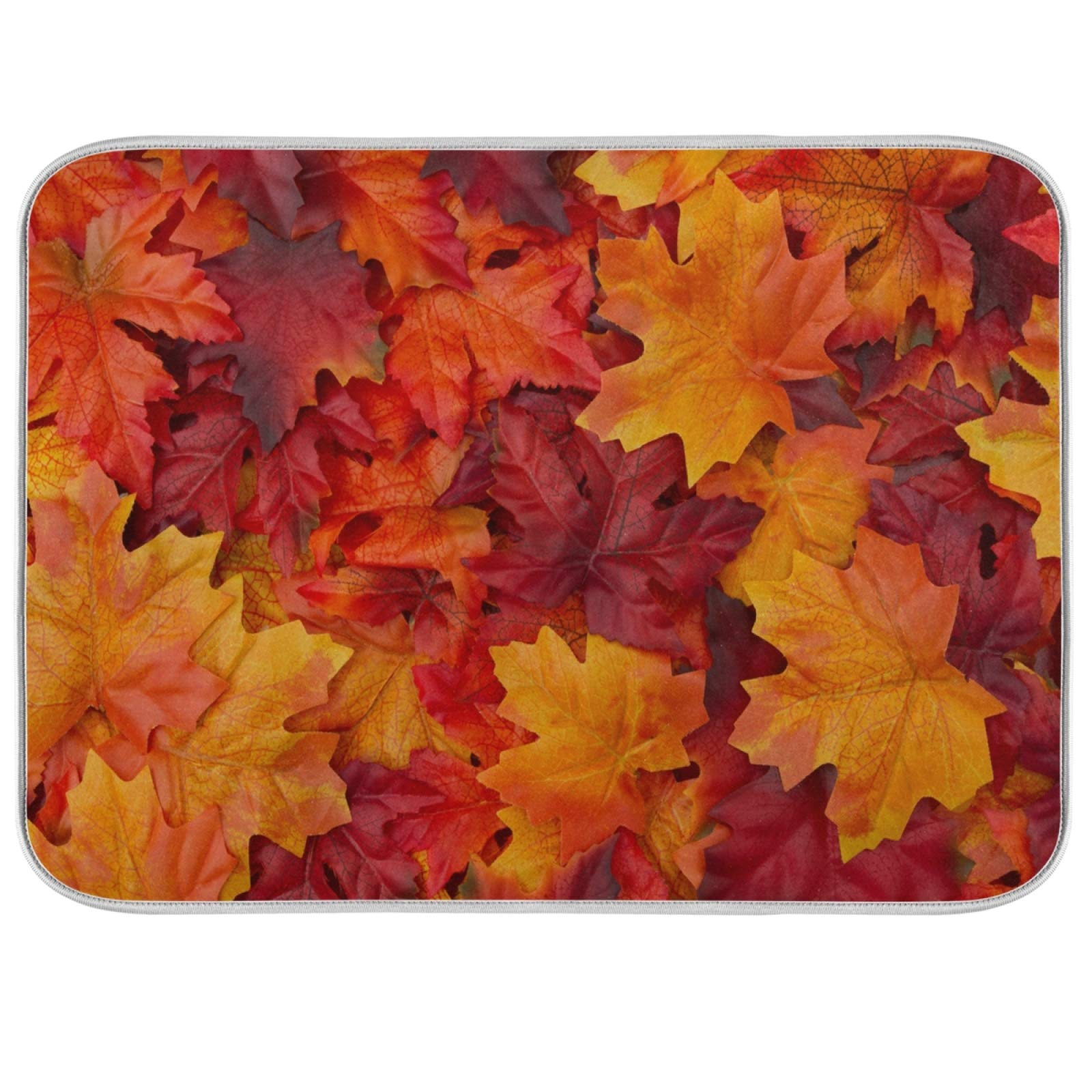 ALAZA Dish Drying Mat, Red and Orange Autumn Leaves Super Absorbent Reversible Rack Pads Kitchen Counter Mat 16 x 18 inch