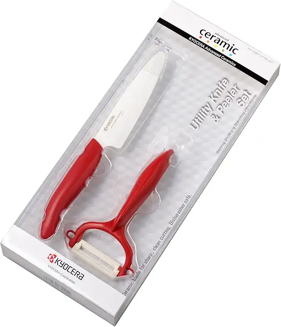Kyocera GEN RED Keramik Obst- & Gemüsemesser mit Schäler - Ceramichef Keraamiset Veitset