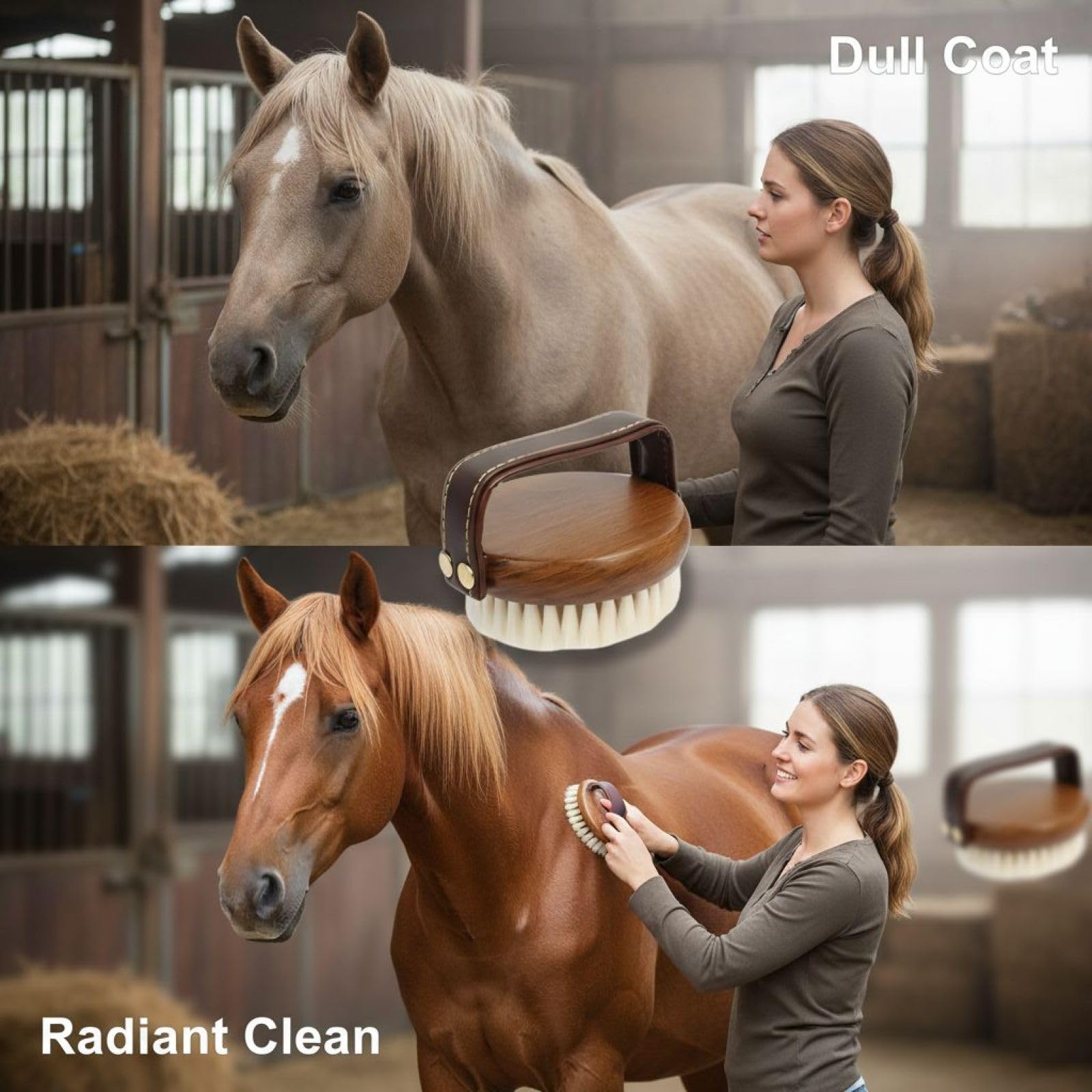 Cepillo para caballos de madera con mango de piel, cerdas suaves para eliminar la suciedad, cepillo compacto para cara y cuerpo, accesorios para el cuidado de los caballos