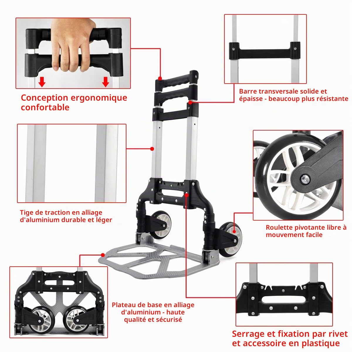 Yaheetech Diable Chariot de Transport Pliant Main Réglable de 64cm à 100cm en Aluminium Charge Max 75kg avec Bandes Elastique