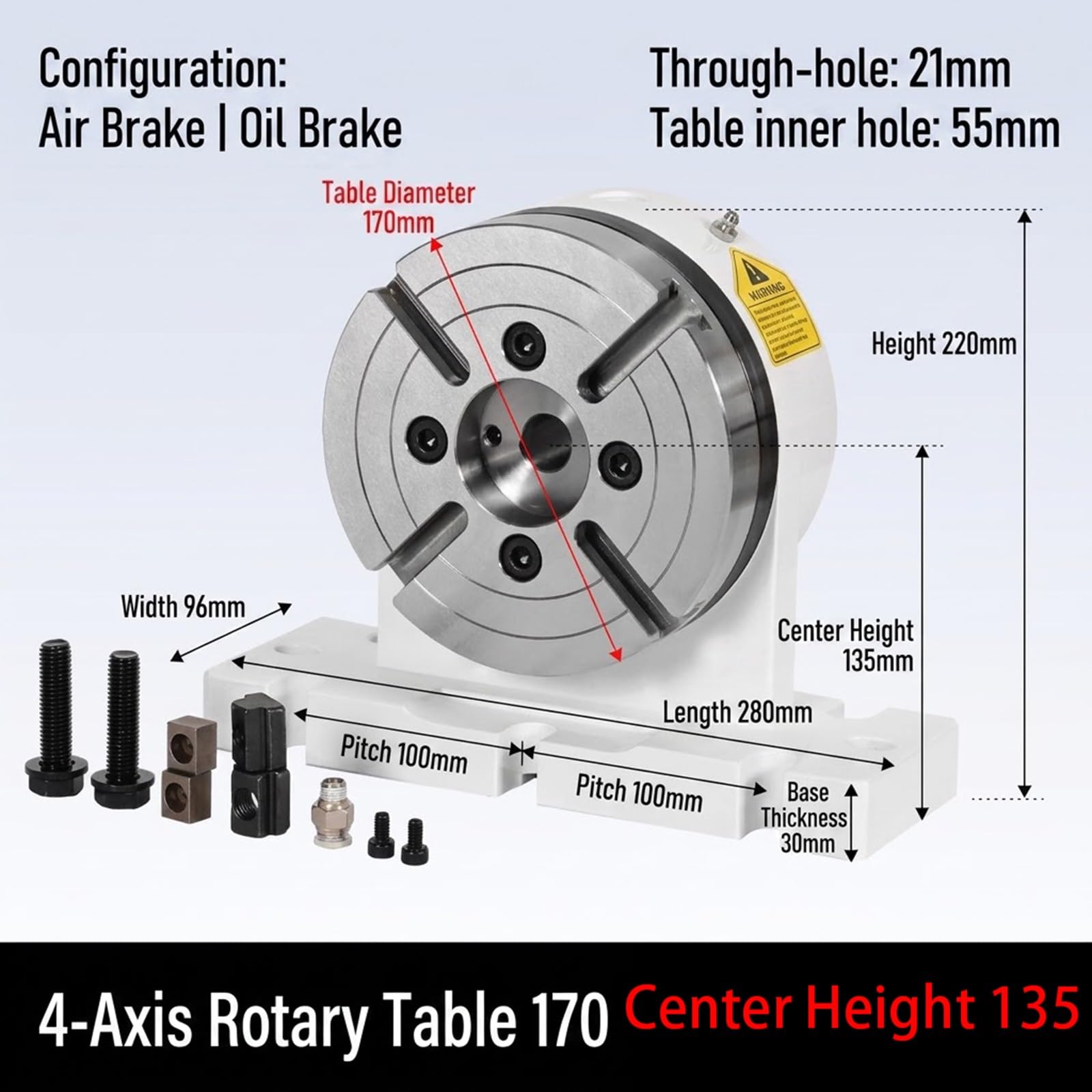 Contrapunta Freno Disco Torno 170mm, Para Mecanizado Simultáneo CNC 4 Ejes | Taladro interior 55mm, taladro pasante 21mm, base montaje en U, conexión brida para torno CNC(Center Height 135mm)