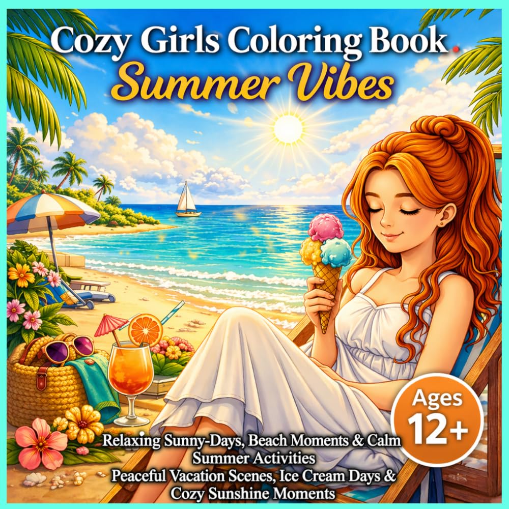 Cozy Girls Coloring Book: Summer Vibes: Relaxing Sunny Days, Beach Moments, Ice Cream Fun & Calm Summer Activities for Girls Age 12+ (Cozy Bloom Chronicles)