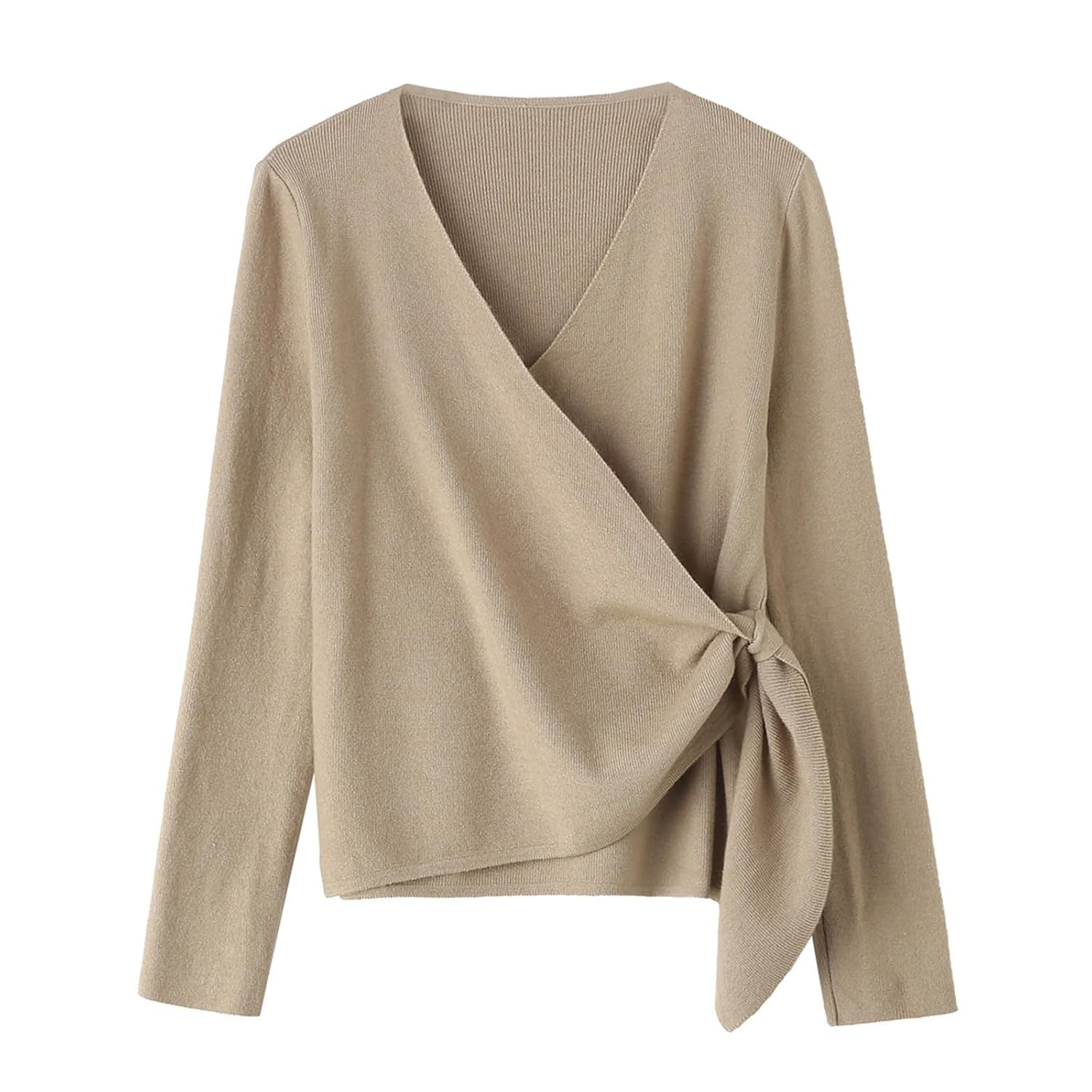 Womens Cross Wrap V-Neck Ribbed Knit Top Long Sleeve Side Tie Knot Casual Blouse Solid Fall Winter Knit