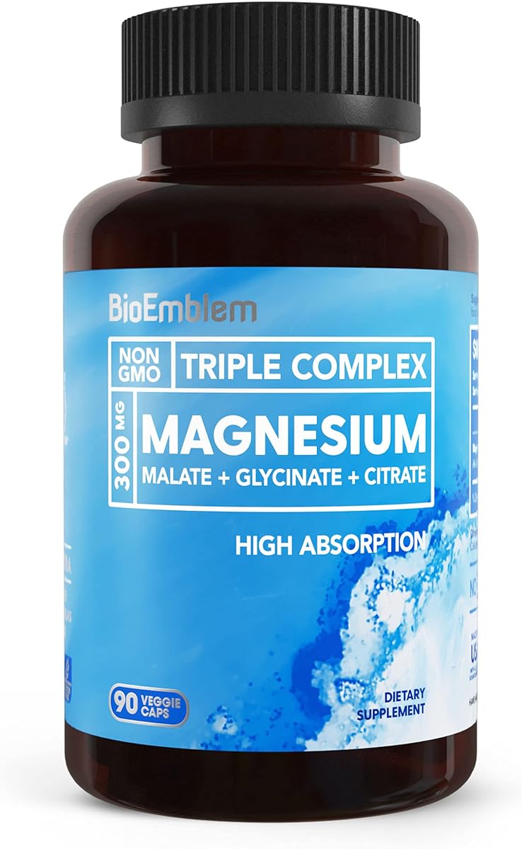 BioEmblem Triple Magnesium Complex | 300mg Magnesium Glycinate, Malate & Citrate | High Absorption Chelated Formula | Vegan, Non-GMO, Gluten-Free | 90 Capsules