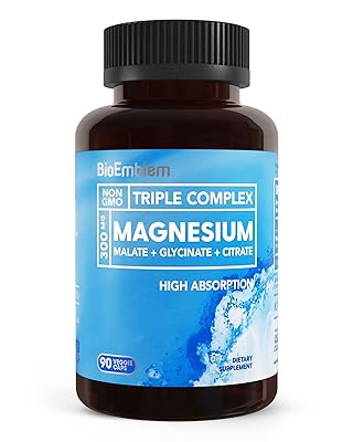 BioEmblem Triple Magnesium Complex | 300mg Magnesium Glycinate, Malate & Citrate | High Absorption Chelated Formula | Vegan, Non-GMO, Gluten-Free | 90 Capsules