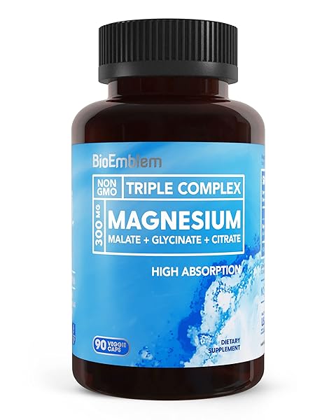 BioEmblem Triple Magnesium Complex | 300mg Magnesium Glycinate, Malate & Citrate | High Absorption Chelated Formula | Vegan, Non-GMO, Gluten-Free | 90 Capsules