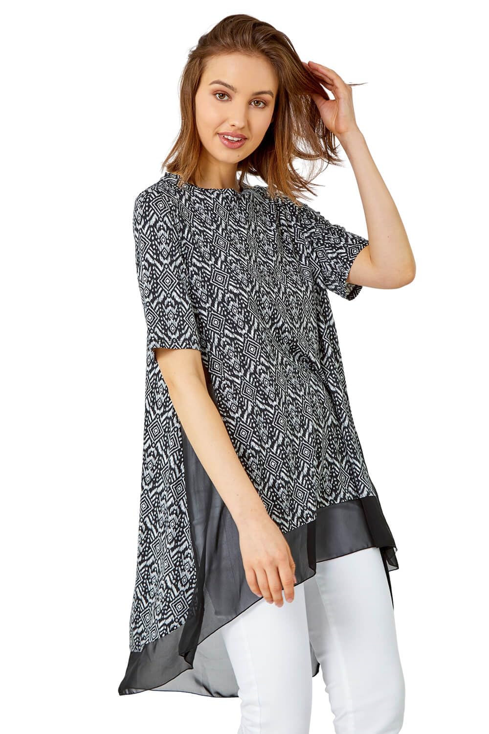 Roman Originals Women's Monochrome Roman Chiffon Dipped Hem Top Asymmetric Tunic For Uk Stretchy Jersey Flared Blouse Smart Fit & Flare Form Casual Loose Longline Party Hanky Tunics - Size 10