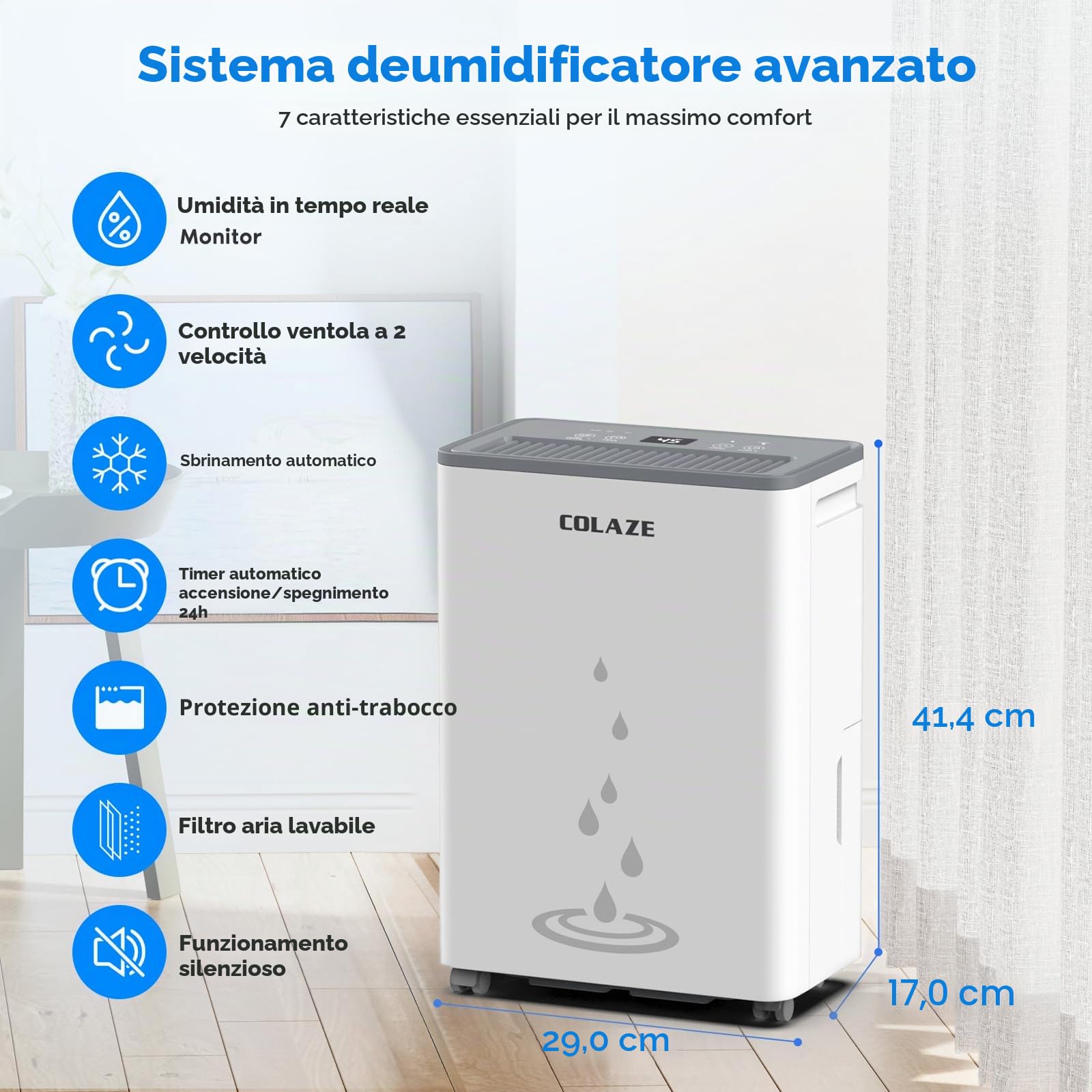 COLAZE Deumidificatore Casa Muffa 20L/24h, Adatto fino a 50㎡, Deumidificatore a Compressore Portatile Silenzioso, Timer 24 ore, Ideale per umidità e condensa