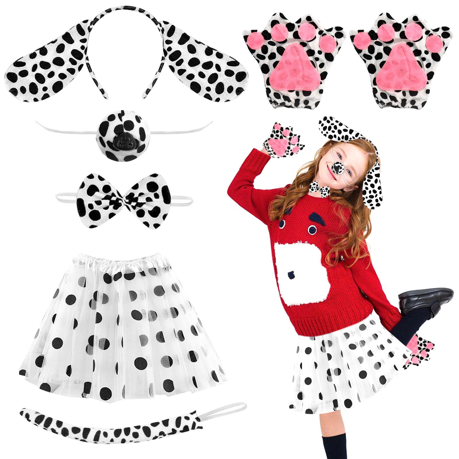 Meanju 7 Piezas Disfraz de Dálmata Disfraz de Perro Animal Infantil Disfraces de Carnaval Infantil con Diadema, Nariz, Pajarita, Guantes, Cola, Tutú para Cumpleaños Infantil Carnaval Carnaval