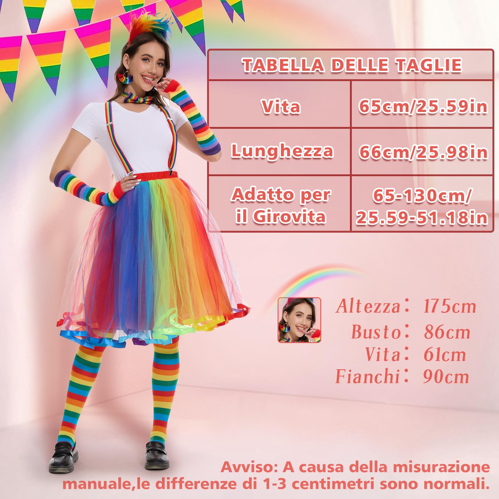 Joellfuner Gonna Arcobaleno Donna, Gonna Tulle Colorata Donna, Anni 80 Vestiti e Accessori con Tutu, Bretelle, Copricapo di Piume Colorate, Costume carnevale donna, Sfilata Dell'arcobaleno