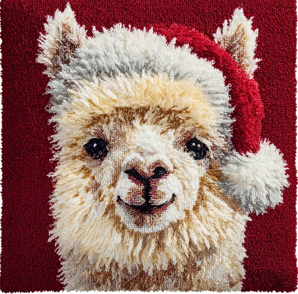 FWRTYCB Latch Hook Pillow Kit,Alpaca Wearing A Santa Hat DIY Needlework Pi