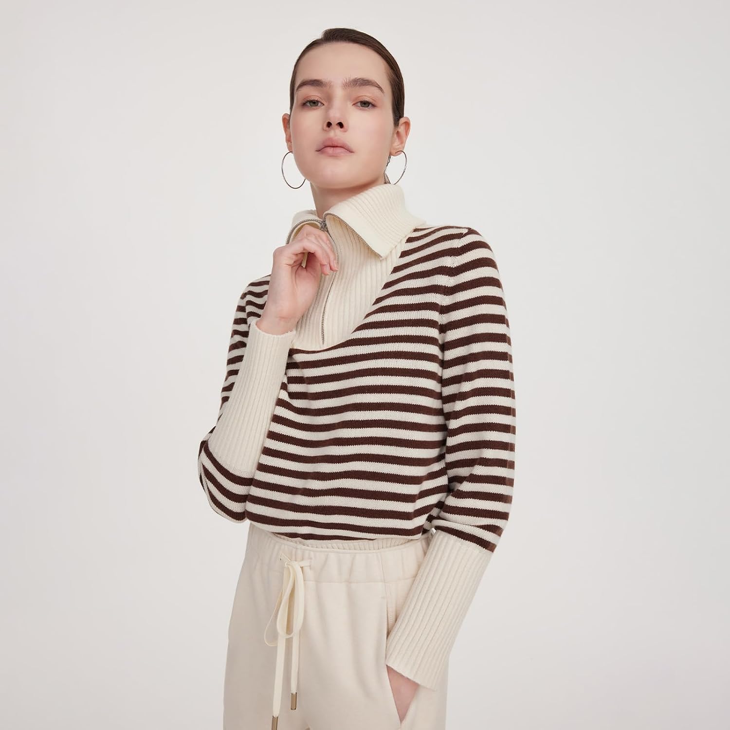 GOELIA Quarter Zip Pullover Sweaters for Women 2026 Spring Oversized Collar Long Sleeve Stripped Sweater Womens Sweaters