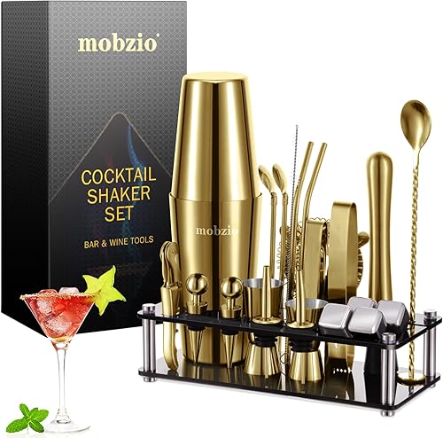 Juego de coctelera de camarero, 23 piezas Boston Shaker Set, kit de coctelería, juego de bar con soporte, juego de coctelera de bar, juego de