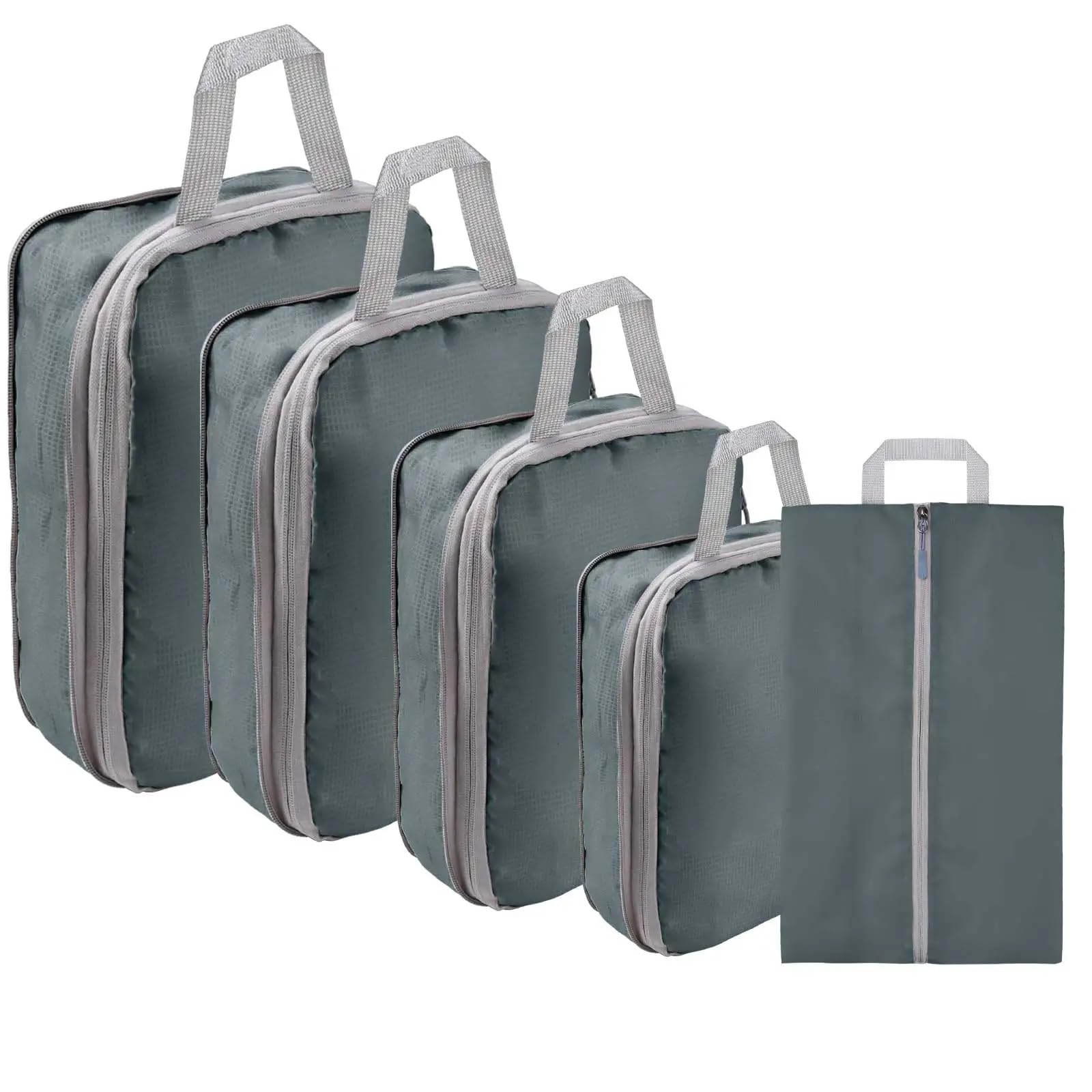 BHOUTY 5pc Set Compression Packing Cubes Extensible Waterproof Organizer Bags for Travel Suitcase Clothing Luggage Sorting W/Shoe Bag(Grey)