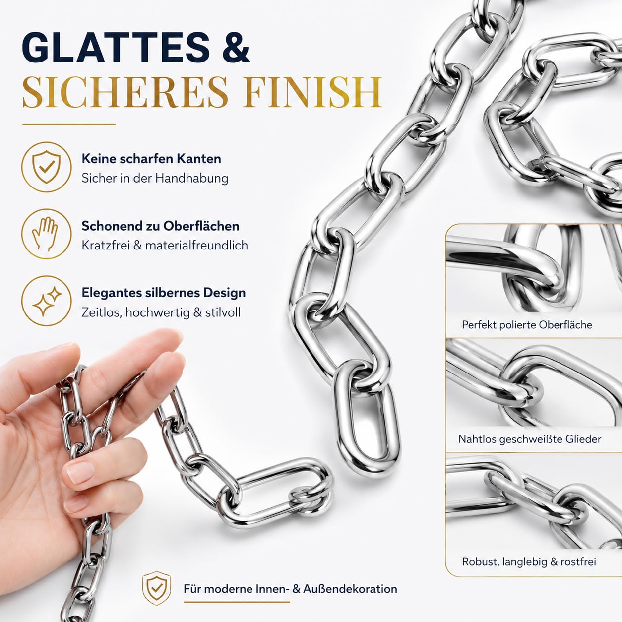 CYEER 2m Edelstahlkette 6mm Meterware, Rostfreie Gliederkette aus Edelstahl 304, Stabile Rundstahlkette für Hängesessel, Boxsack, Lampen & Gartenzaun, Hochbelastbare Metallkette