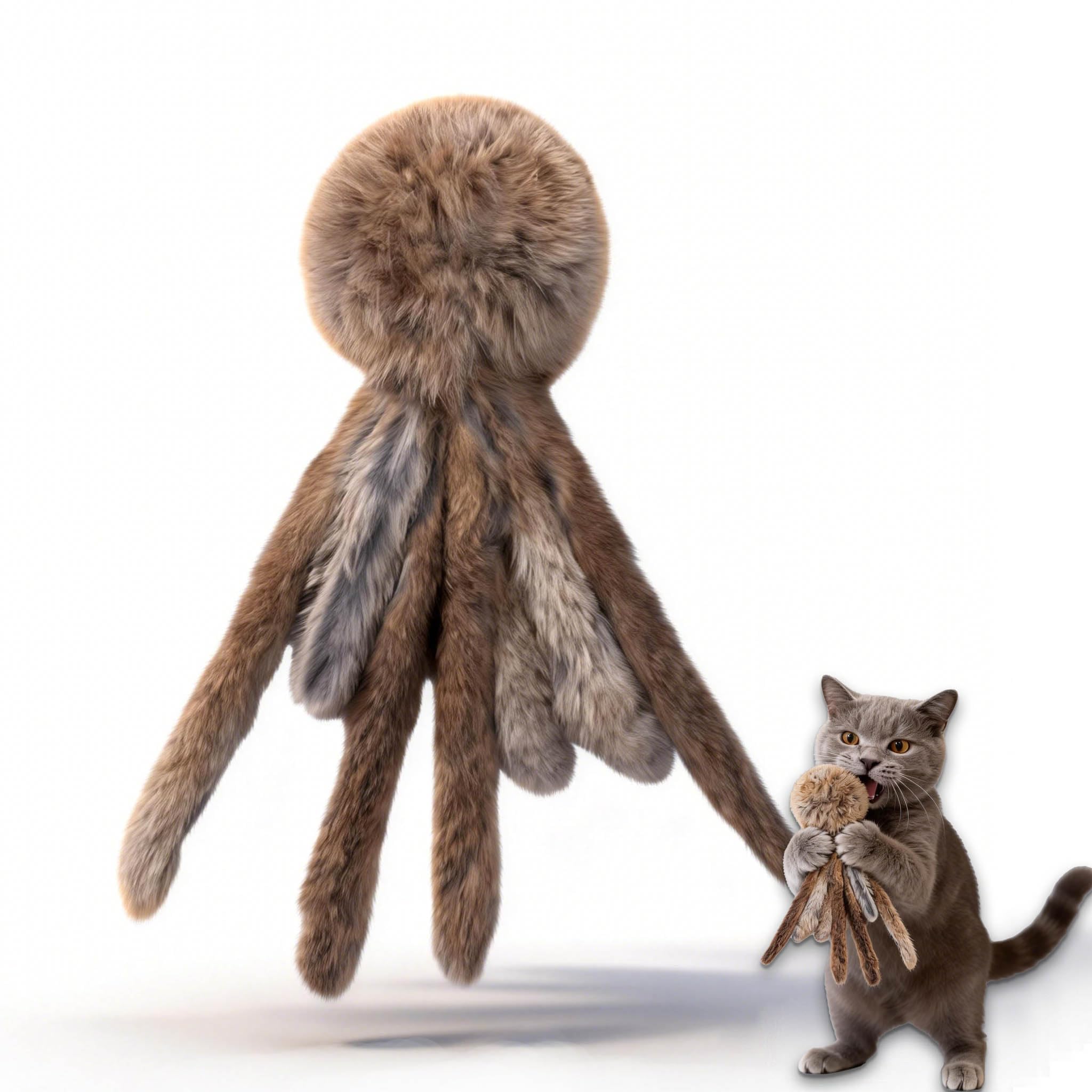 Faux Rabbit Fur Cat Toys,Fluffy Plush Cat Kicker Toy with Silvervine Gall Fruit & Feather,Soft Octopus Ball with Dangling Tails,Interactive Indoor Kitten Hunting Chase Toys,Fluffy Plush Toy (B, 1PC)