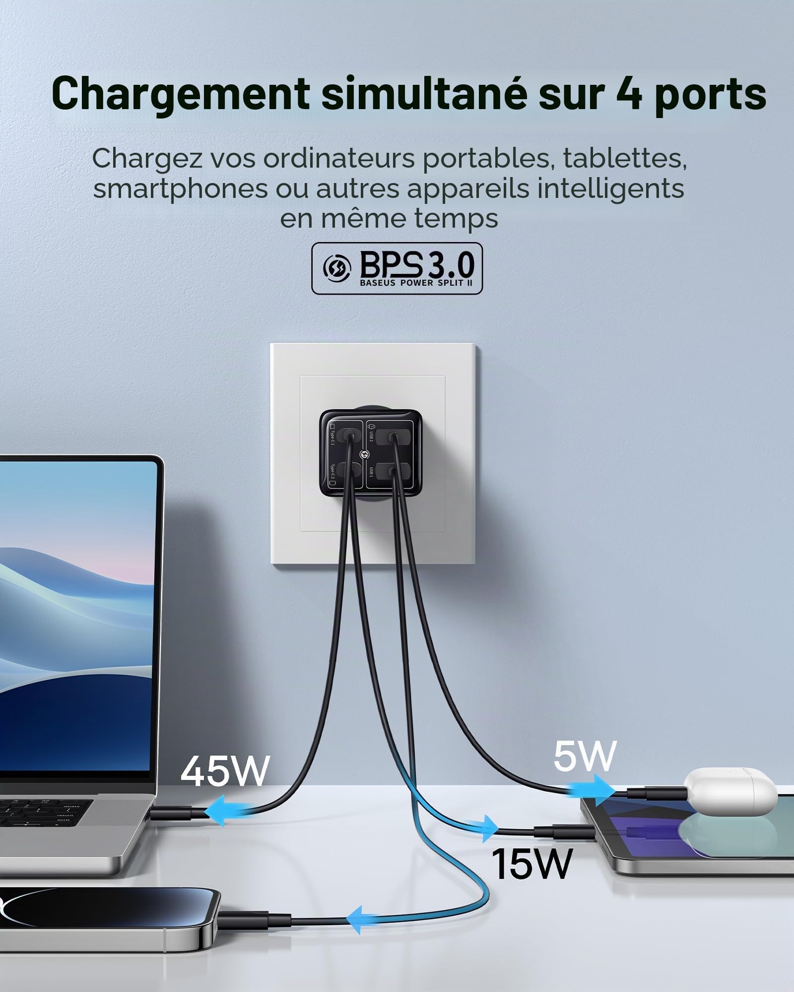 Baseus Chargeur USB C, 65 W GaN 6, Bloc d'alimentation Rapide, Multiple, pour MacBook Pro, iPad Pro, Steam Deck, Dell XPS 13, iPhone/Galaxy, Pixel, tablettes