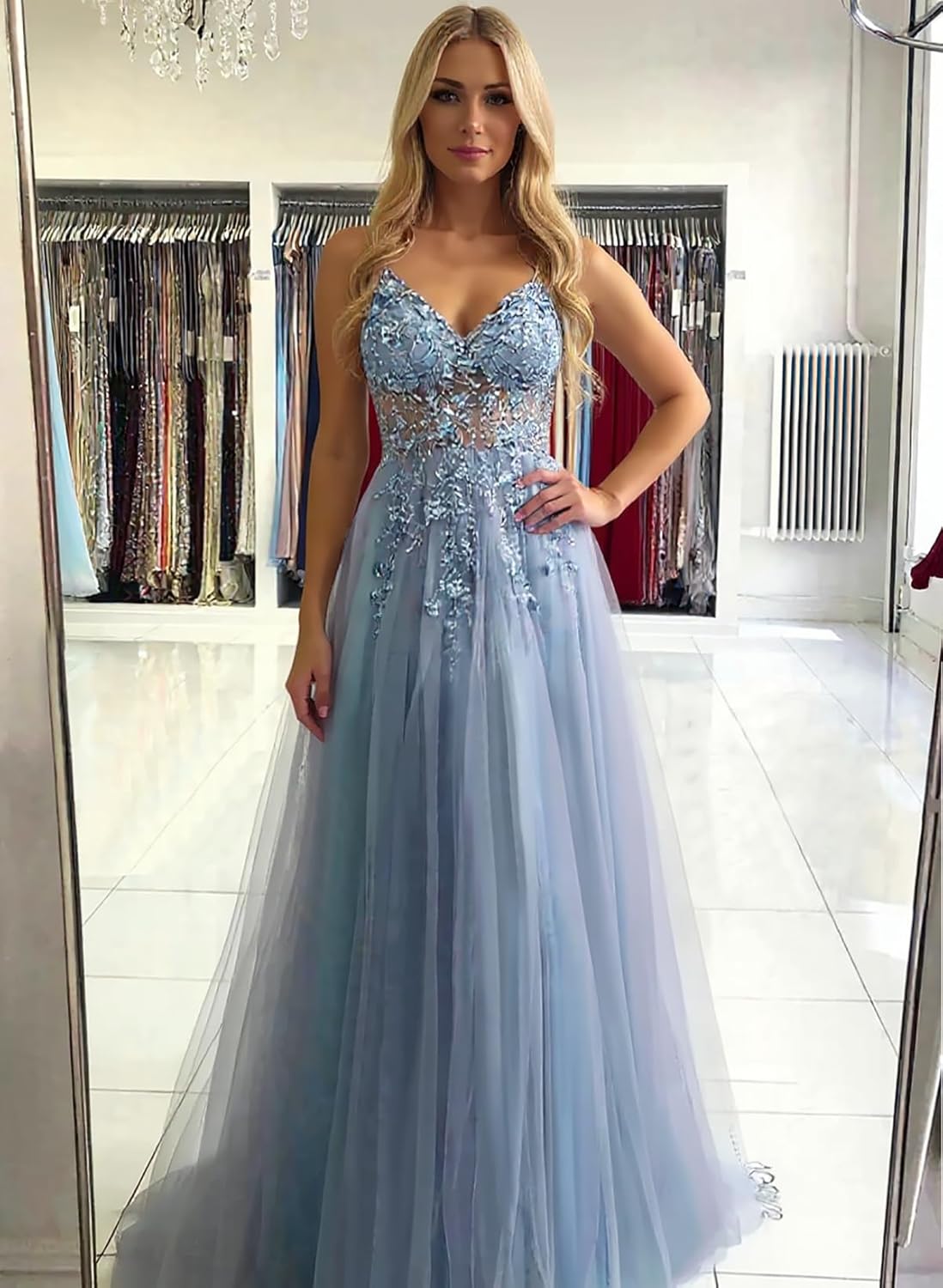 Sparkly Lace Appliques Prom Dresses for Women Spaghetti Straps Long Formal Dress Tulle Evening Ball Gowns with Slit