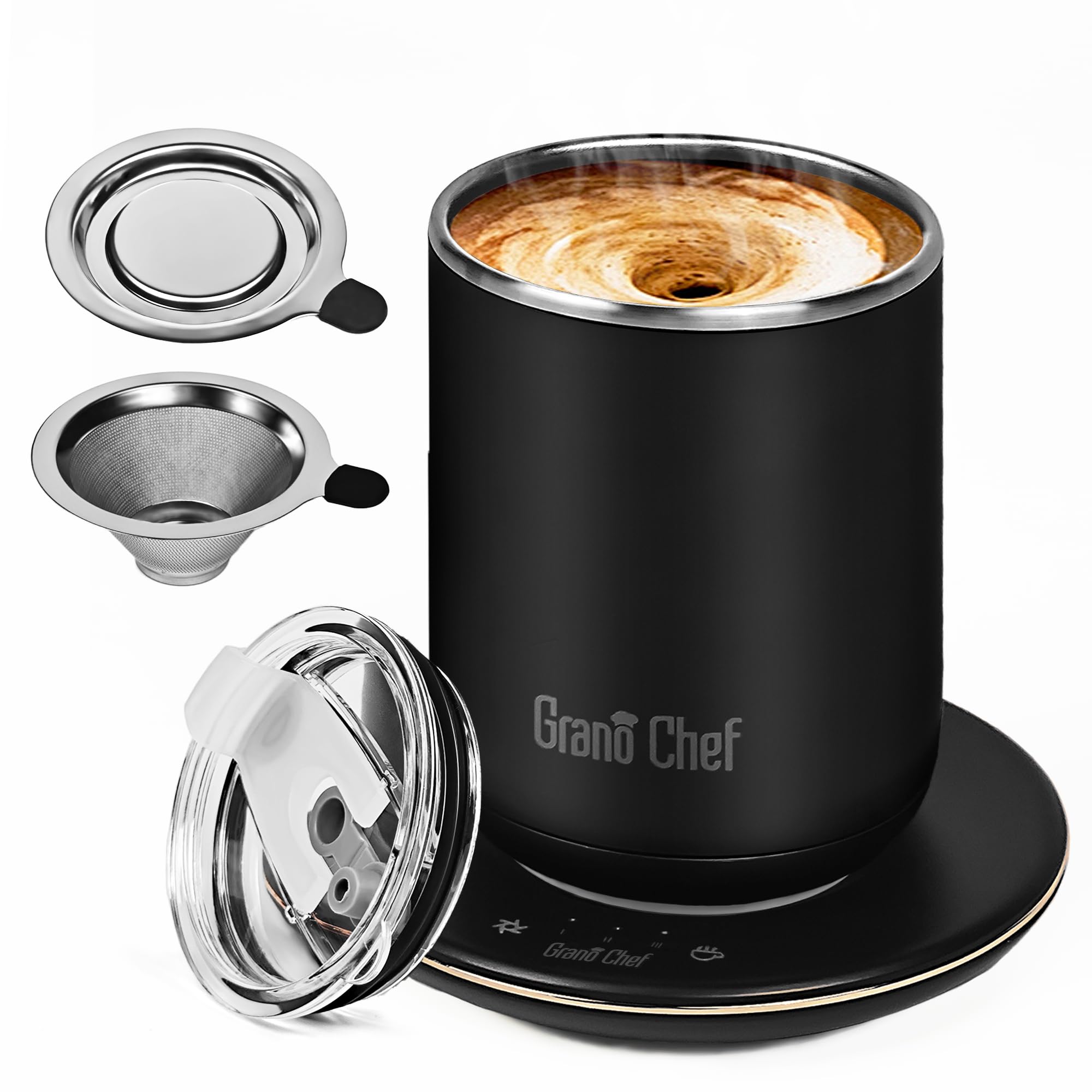 Photo 1 of Self-Heating Coffee Mug, Coffee Mug with Self Stirring&Fast Heating, 10oz Temperature Controlled Coffee Cup Warmer, Heated for Tea/Coffee at Office/Kitchen/Travel, with Reusable Coffee Dripper, Black