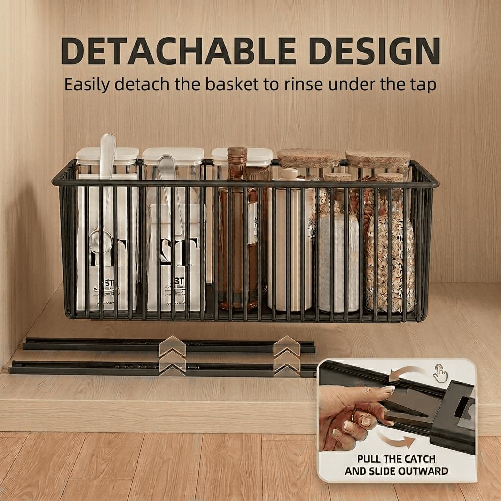4 Pezzi Cassetto Estraibile Cucina, Cassetti estraibili per cucina senza Senza Bisogno di Trapano e Chiodi, Cassetti Scorrevole Armadio da Bagno (Nero,41D X 15.3W X16H CM)