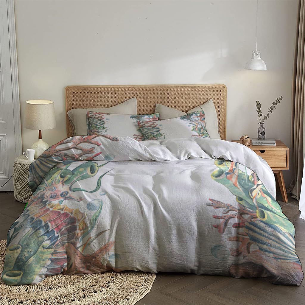 NIBAINLO 布団カバータツノオトシゴ、クラゲ、貝殻、サンゴ、ヒトデ 肌に優しい ピーチスキン加工 掛け布団カバー 和式 洋式 あったか 布団カバーセット リバーシブル ホームステイ ホテル 家庭兼用