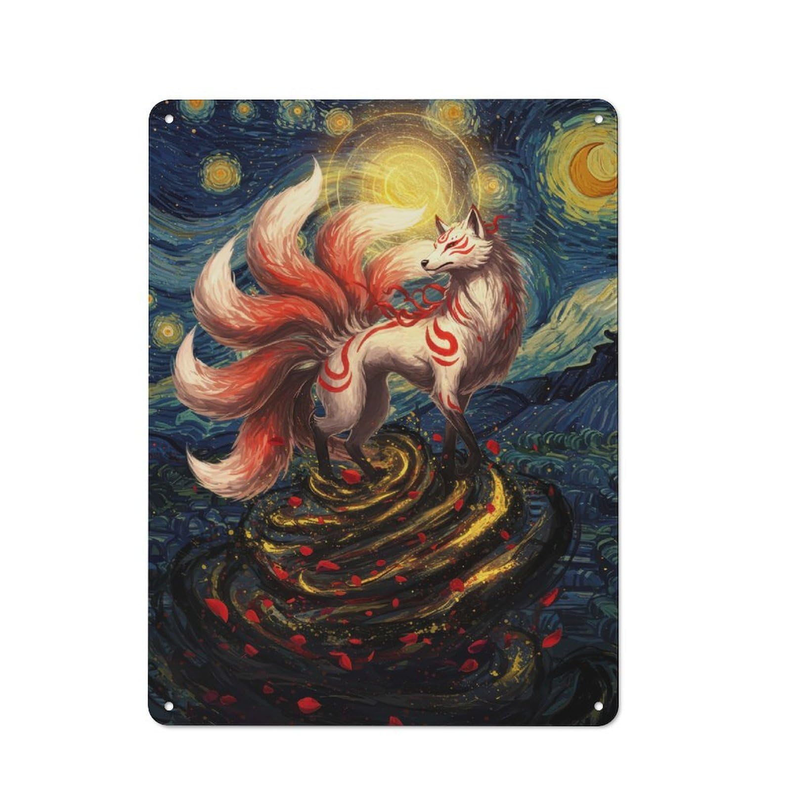 Junmoney Nine-Tailed Fox In Starry Night Style Retro Tin Wall Plaque 40X30cm For Home Office Or Studio, Wall Decoration For Home Offices And Studios