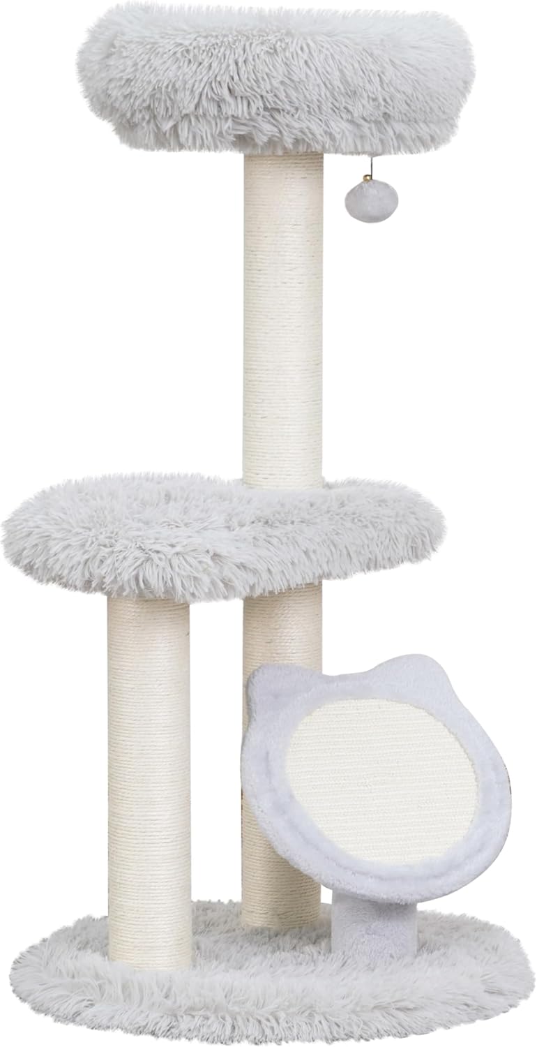 Petpals Medium Size Cat Tower with Replaceable Sisal Scratching Posts, Cat Head Shaped Sisal Scratching Pad and 2 Platform Shag Faux Fur View Perchs, for Indoor Cats, Light Grey (Light Grey)