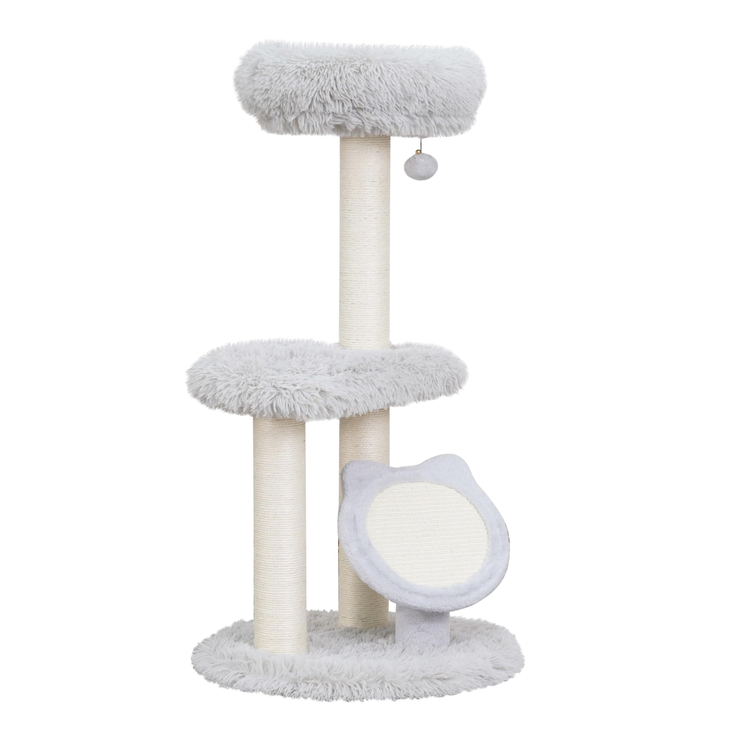Petpals Rockview 3-Level Medium Cat Tree Tower with Sisal Scratching Posts, Sisal Scratching Pad and 2 Platform Shag Faux Fur View Perch, for Indoor Cats, Light Grey (Light Grey)