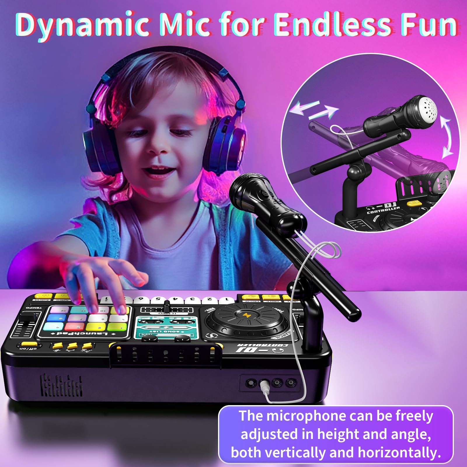 Juego de controlador de tablero mezclador de DJ para niños con tocadiscos, teclas de piano, micrófono y Bluetooth, juguete de instrumento musical para niños pequeños, bebés y niños y niñas de 3 a 8 5