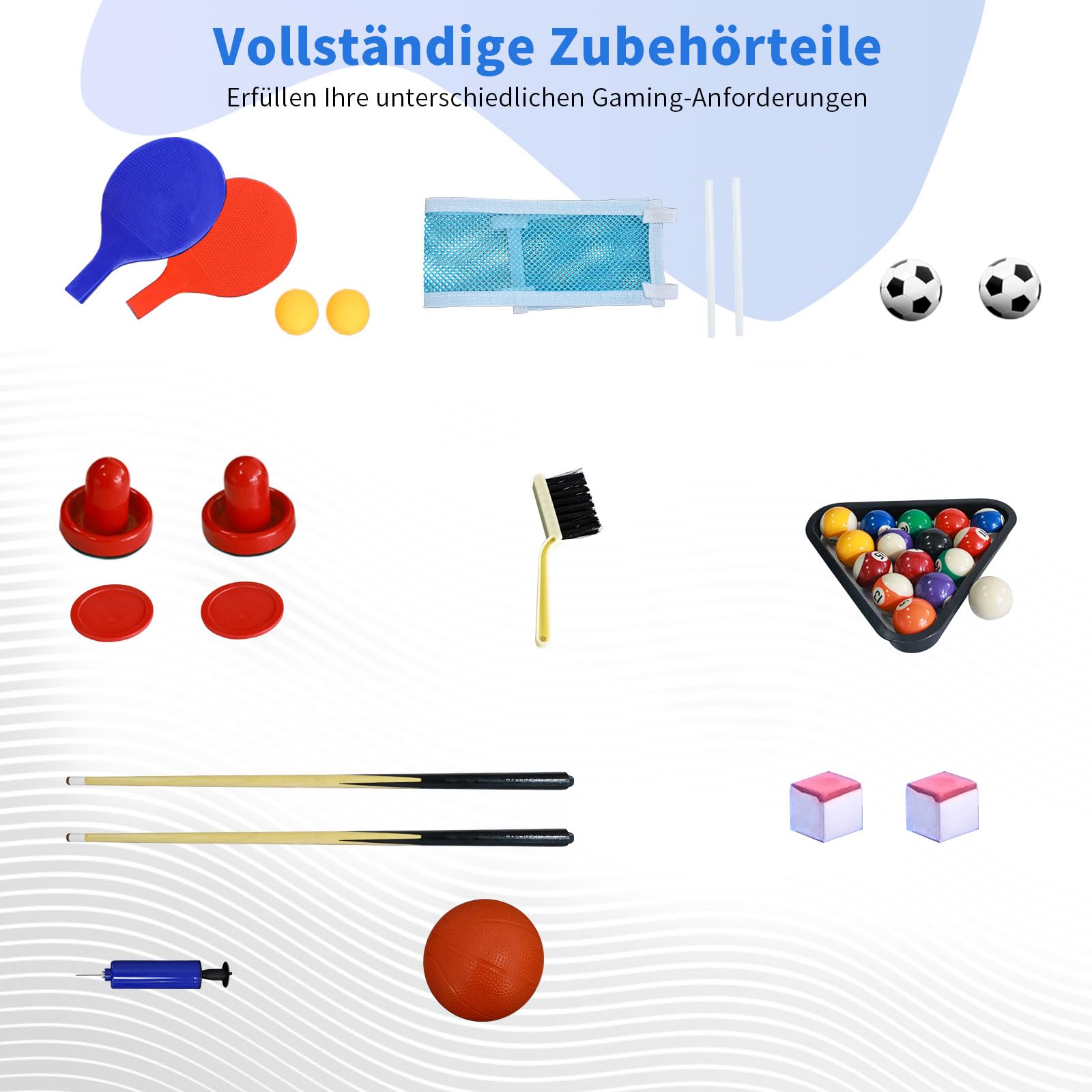 Klappbarer Multifunktionsspieltisch (123 cm) – 5-in-1: Tischfußballtische, Airhockey Tisch, Billardtisch, Tischtennis, Basketball – Für 2-4 Personen – Wohnzimmer, Party, Freizeit