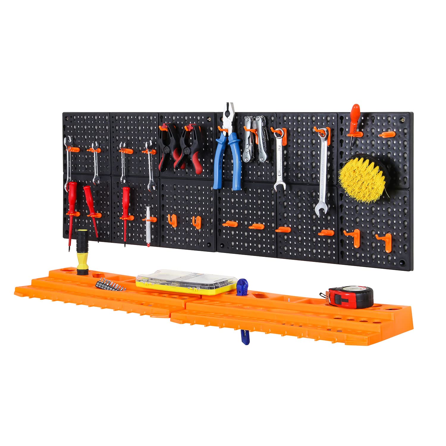 Taylor & Brown Wall Mounted Plastic Pegboard and Shelf Tool Rack Organiser Holder - DIY Garage Workshop Shed Storage Wall Mount System with 24 Assorted Hooks