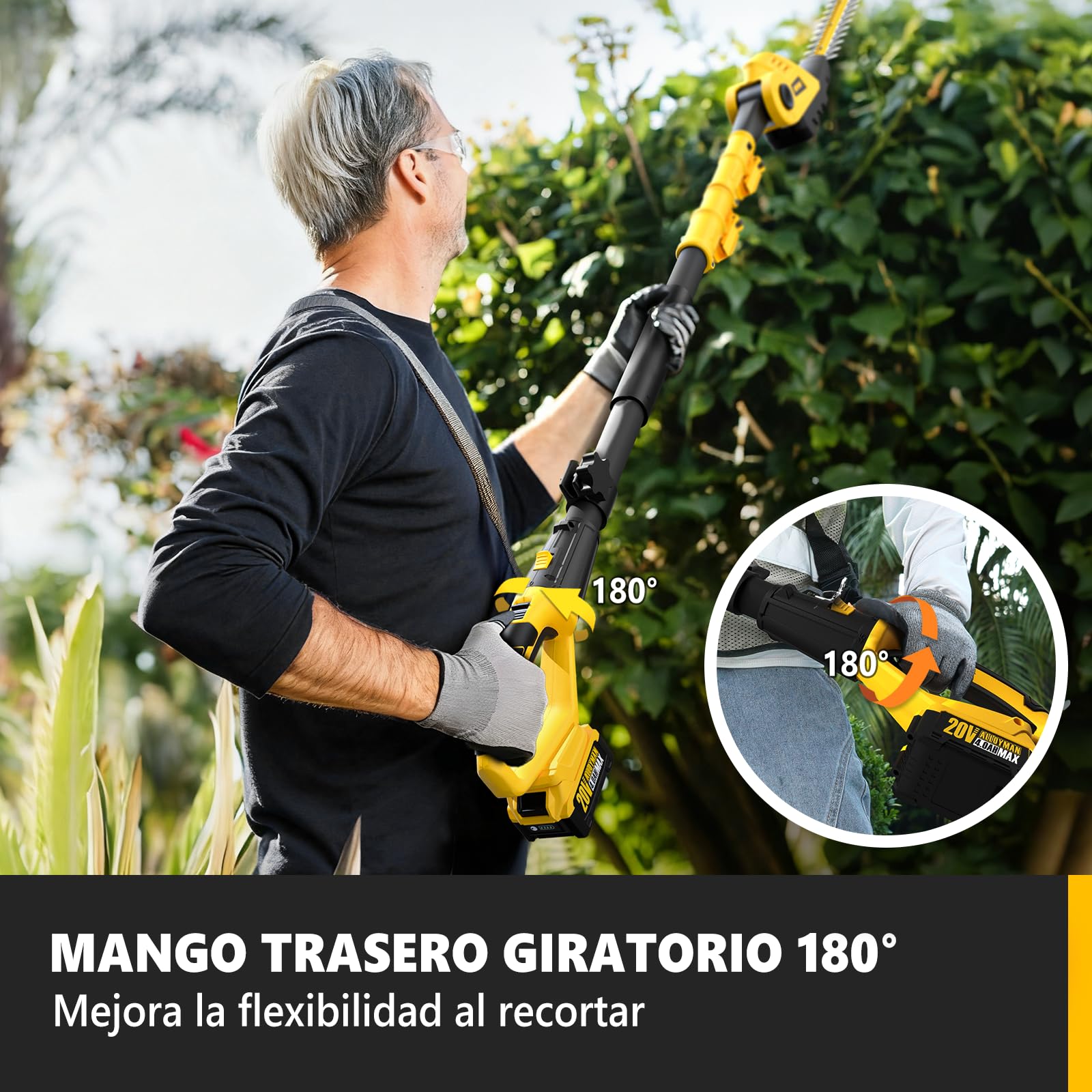 Alloyman 20V MAX Cortasetos y Motosierra Telescópica Inalámbricos 2 en 1, con 2 baterías de 4,0 Ah y Cargador, 2,4 m de Sierra y Cortasetos telescópicos para arbustos y setos