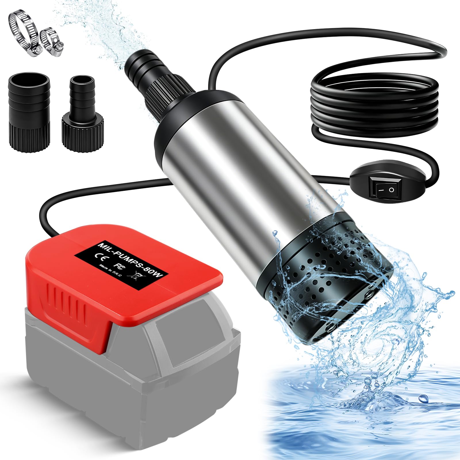 Wasserpumpe für Milwaukee 18V Akku, 3800L/H Bürstenlose Tauchpumpe Sumpfpumpe Schmutzwasserpumpe Absaugpumpe Flachwasserpumpe für Pool, Gartenbewässerung, Autowäsche, Schwimmbadentleerung(Keine Akku)