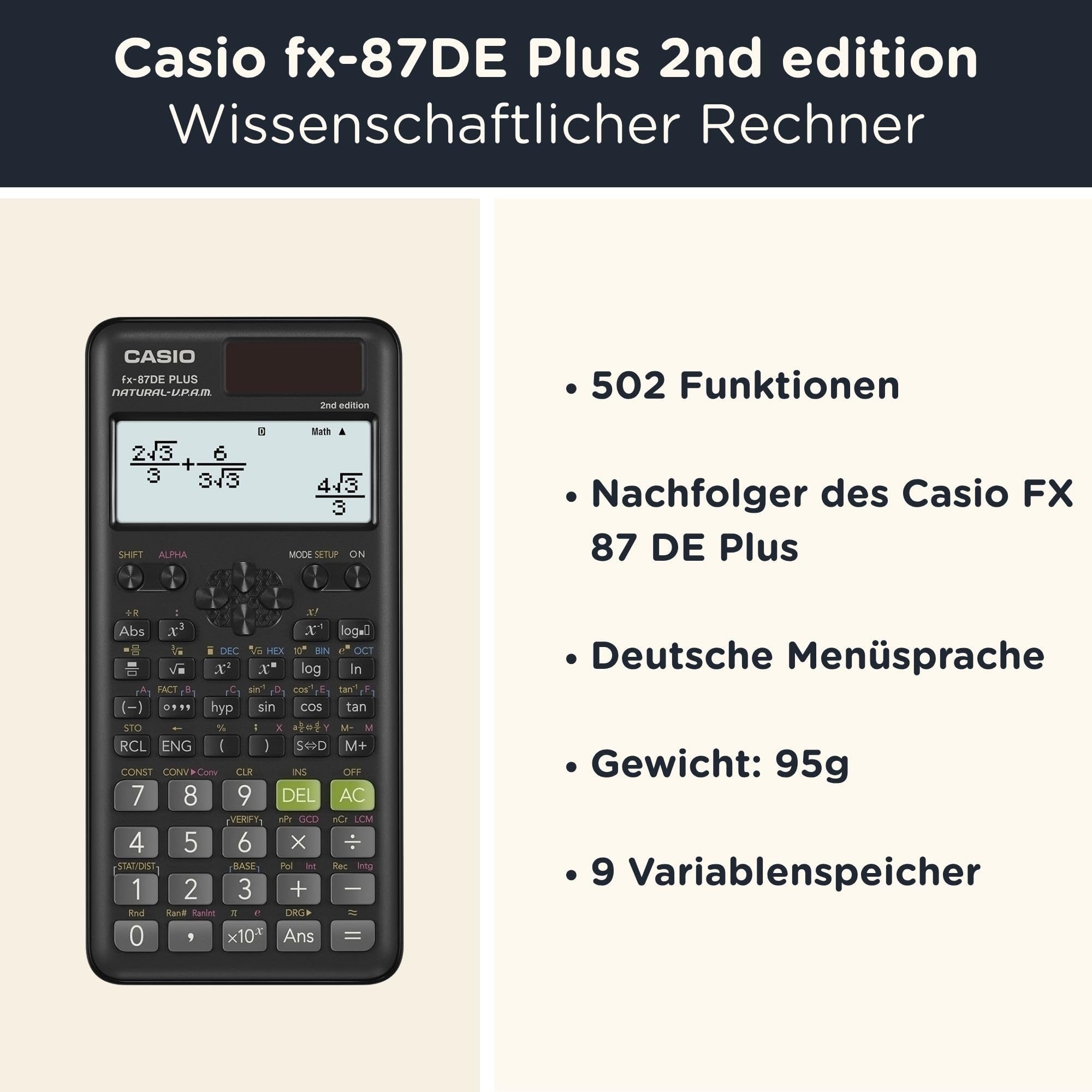 Casio fx-87DE Plus 2nd Edition Wissenschaftlicher Taschenrechner Basic Set Schwarz