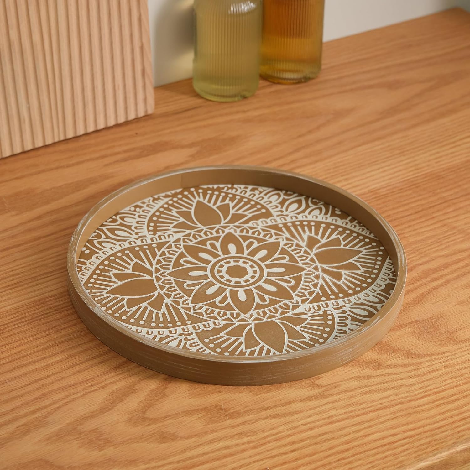 Bandeja redonda de madera, bandeja de mesa de café rústica, bandeja de servir de granja para velas y decoración, bandeja de madera decorativa para el hogar y la cocina, 16 pulgadas
