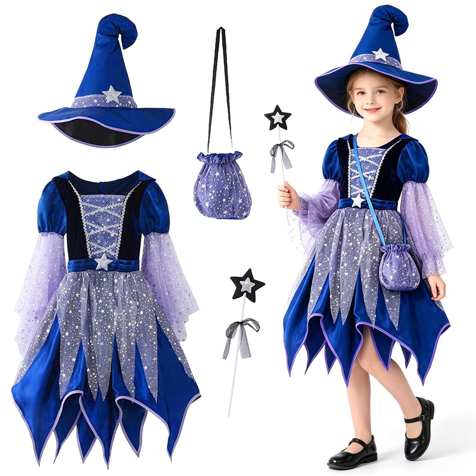 Witch Costume Kids Girls Halloween Costumes with Wizard Hat 4 PCS Set
