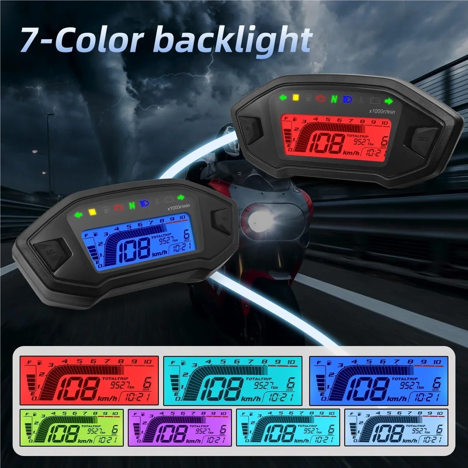 Motocicleta Velocímetro Motocicleta Tacómetro Velocímetro Digital para Motocicleta, tacómetro y odómetro con Pantalla LCD de 10000 RPM, Compatible con 1, 2 y 4 Cilindros.