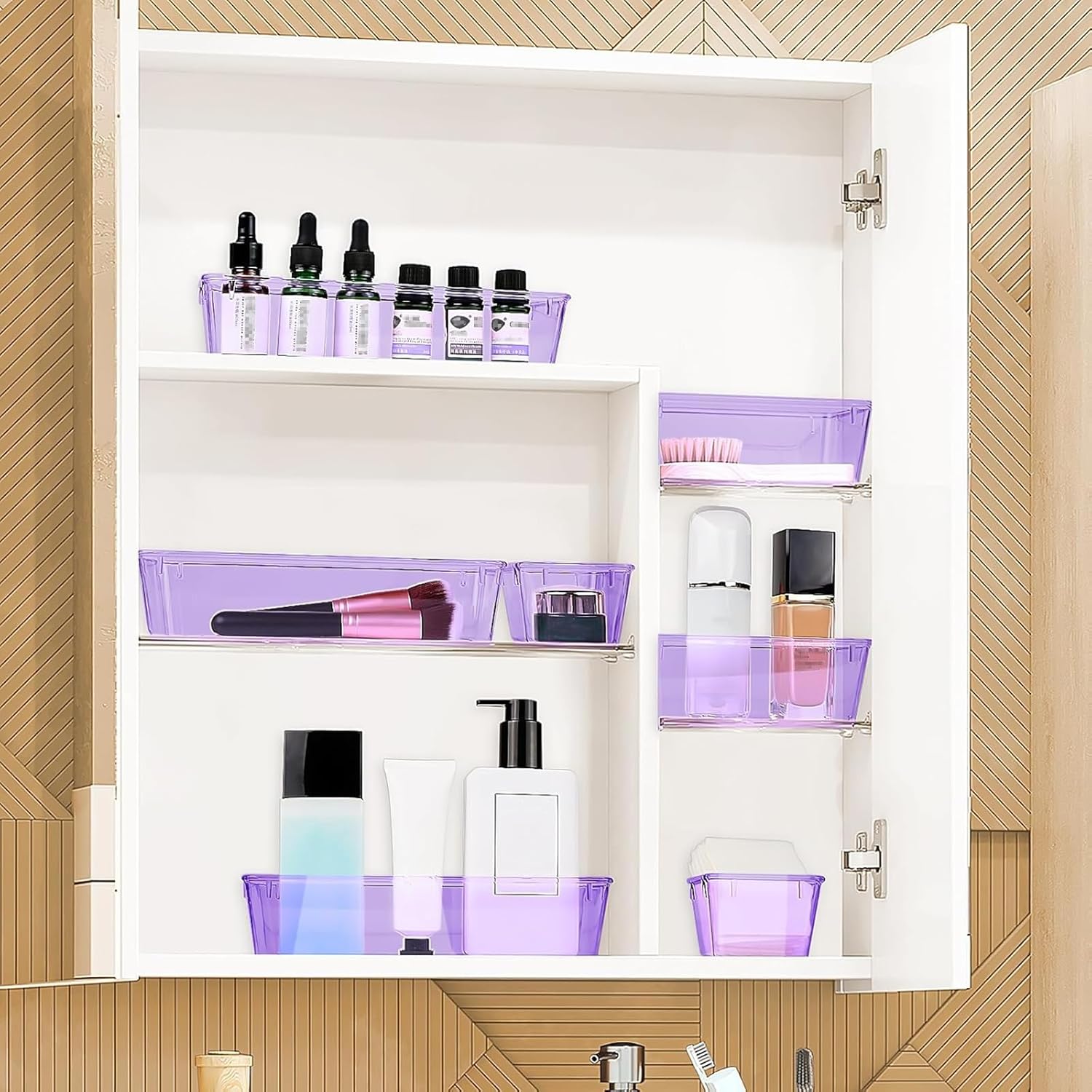 StorMiracle 25 PCS Drawer Organizer Set, 4 Varied Size Bathroom and kitchen Drawer cabinet organizer Trays, Clear Storage Bins for Makeup, Jewelry, Utensils and Gadgets， Purple