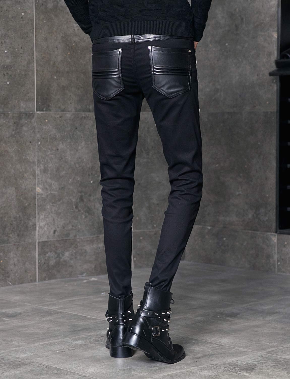 Idopy Men`s Black Party Stage Performance Slim Fit Biker Faux Leather Pants - Image 3