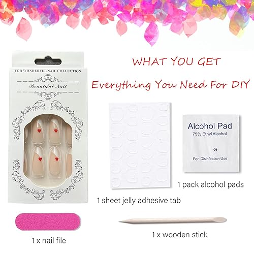 Miniatura 6 de Uñas postizas de almendra para el día de San Valentín uñas postizas de longitud media con diseños uñas artificiales de acrílico rosa nude cubierta