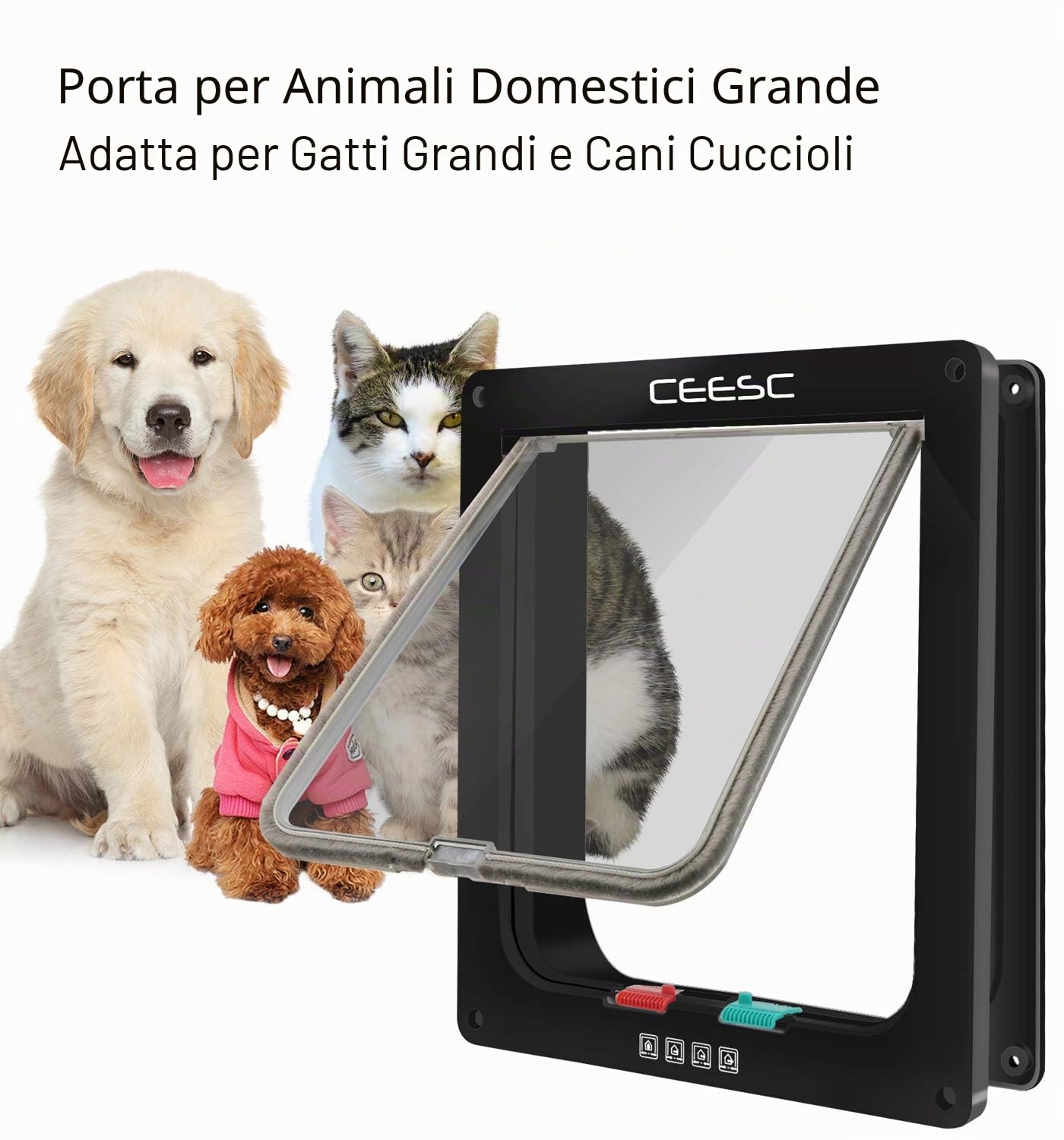 CEESC Grande gattino (dimensioni esterne 28 x 24,9 cm), chiusura a 4 vie per gatti e cani di piccola circonferenza <63 cm, facile da installare e utilizzare