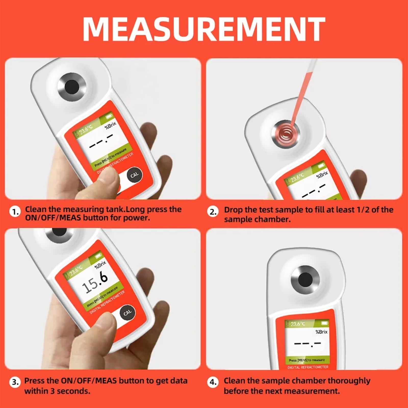 Medidor Digital 0-35%/0-55%, refractómetro de Alta precisión ±0,2%, Prueba de Contenido de azúcar for Frutas, jugos, Verduras, café(0-55 Range(BM-05S))