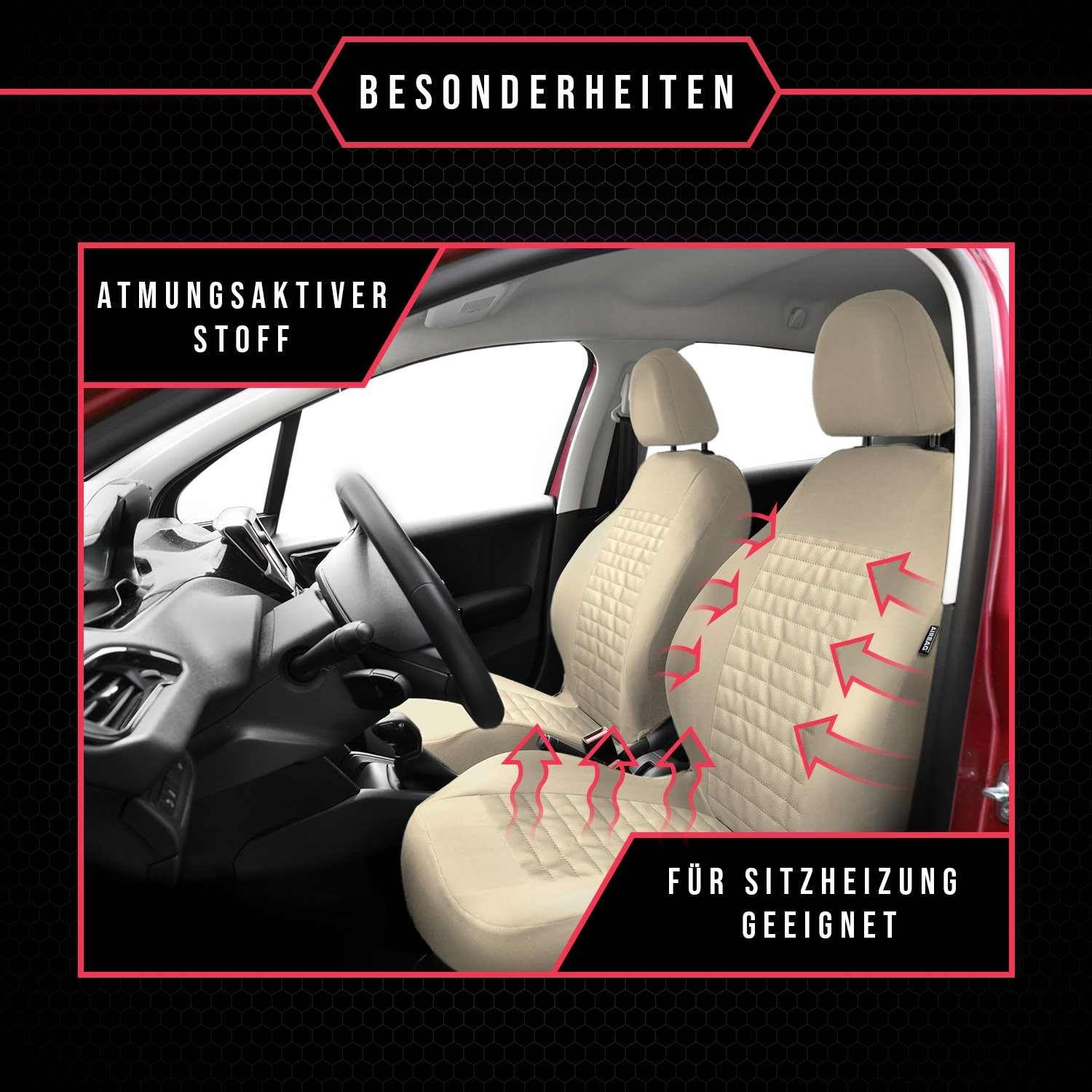 3er Set Autositzbezüge PKW universal | Auto Sitzbezüge Kunstleder Beige für Airbag geeignet | für Vordersitze und Rückbank | 1+1 Autositze vorne und 1 Sitzbank hinten teilbar Reißverschlüsse