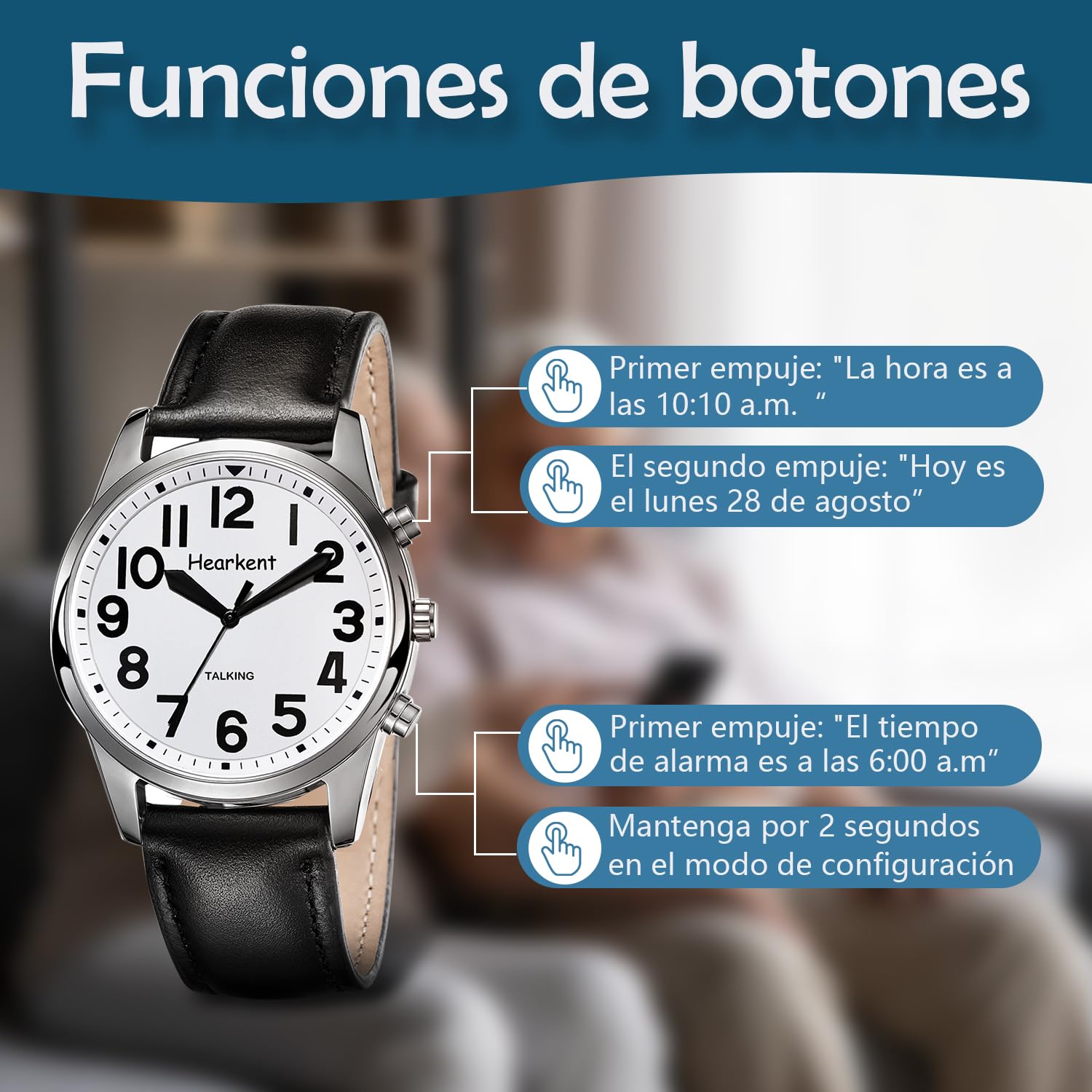 Hearkent Reloj parlante para Hombres en español con números Grandes, Reloj parlante para Personas Mayores, ciegas, con discapacidad Visual o de Edad Avanzada - TG2211 Plata