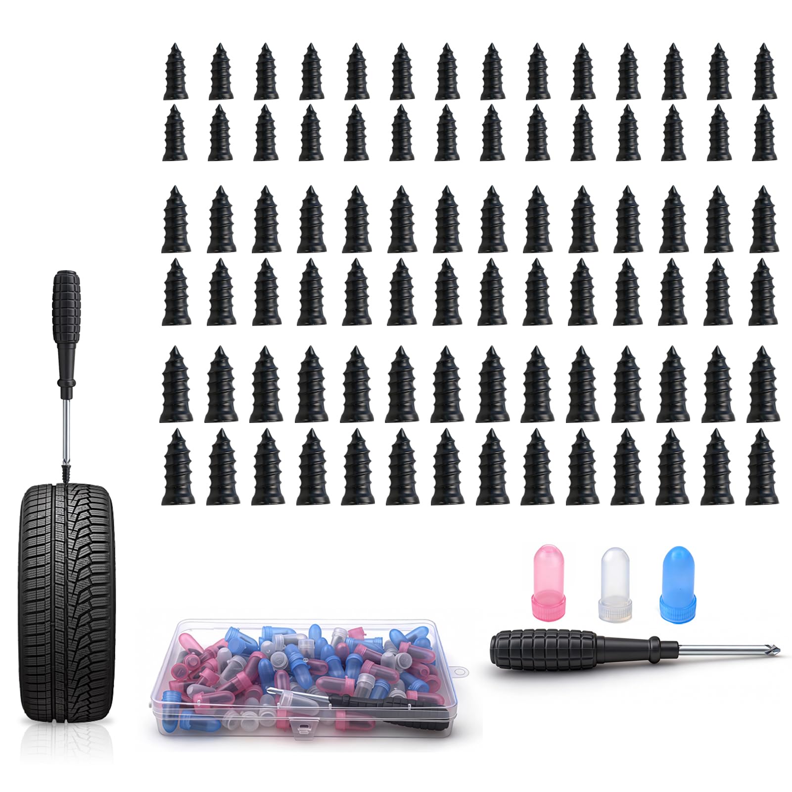 85 Piezas Repara Pinchazos Coche Kit Antipinchazos Coche + Destornillador con 3 Tamaños de Clavo de Goma para Neumáticos para Automóvil Motocicleta Camión Tractor(28S+28M+28L)