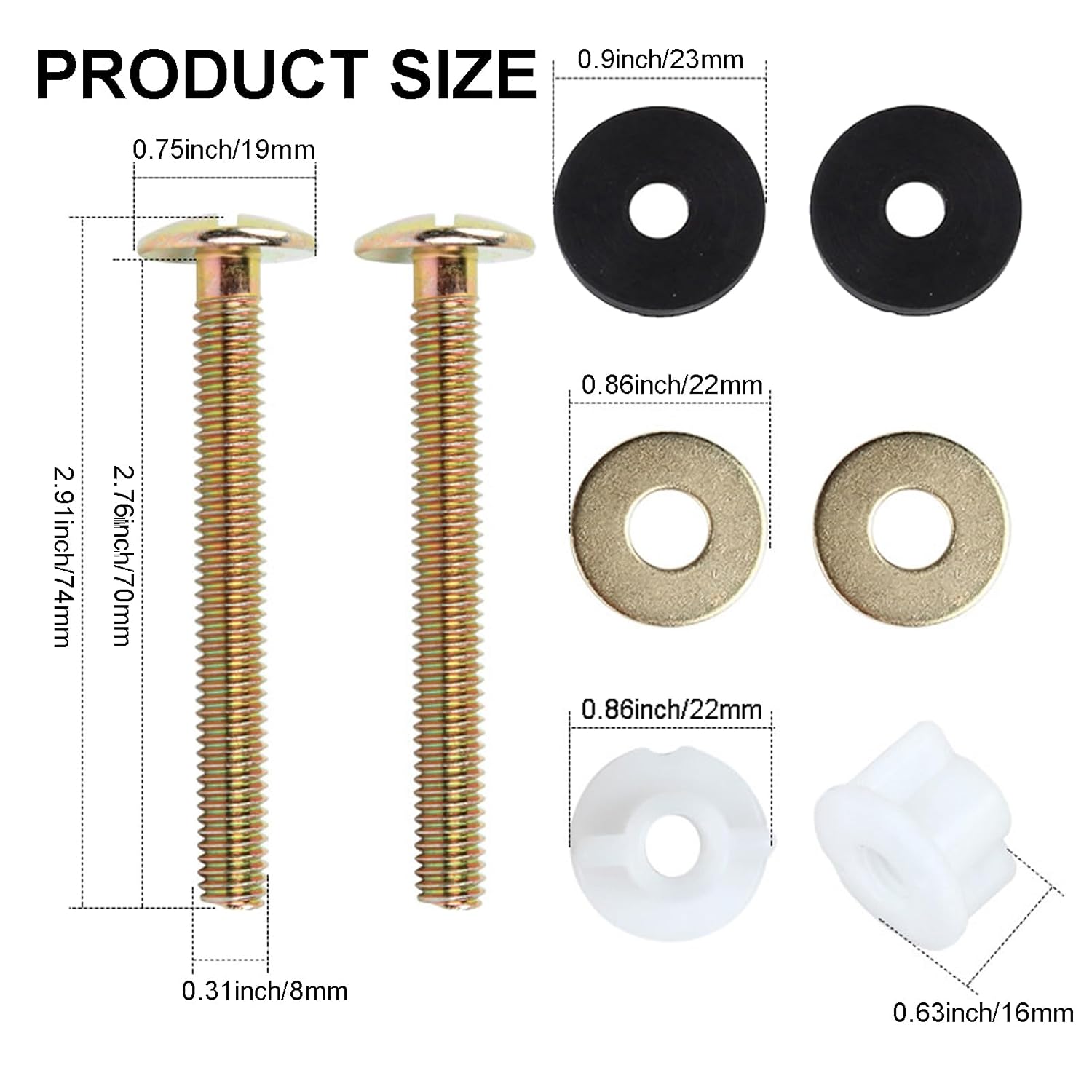 2 PCS Toilet Seat Screws Replacement Kit, Heavy Duty Toilet Seat Fastener with Plastic Nut and Metal and Rubber Washers, Universal Toilet Seat Bolt and Screw Set for Top Mount Toilet Seat Hinge