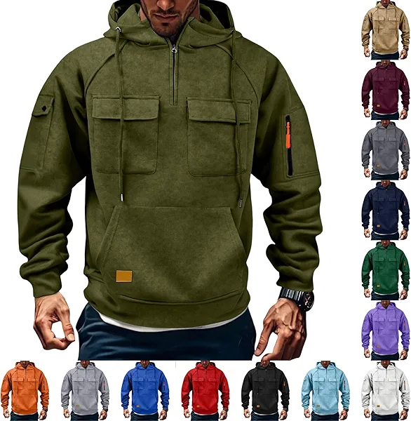 Bakgeerle Tactical Hoodies for Men Fleece Quarter Zip Pullover with Multi Pockets Big and Tall Plus Size Winter Hiking Hooded Sweatshirts Bearskin Tactical Hoodie Heavy Weight Hoodies Men Army Green